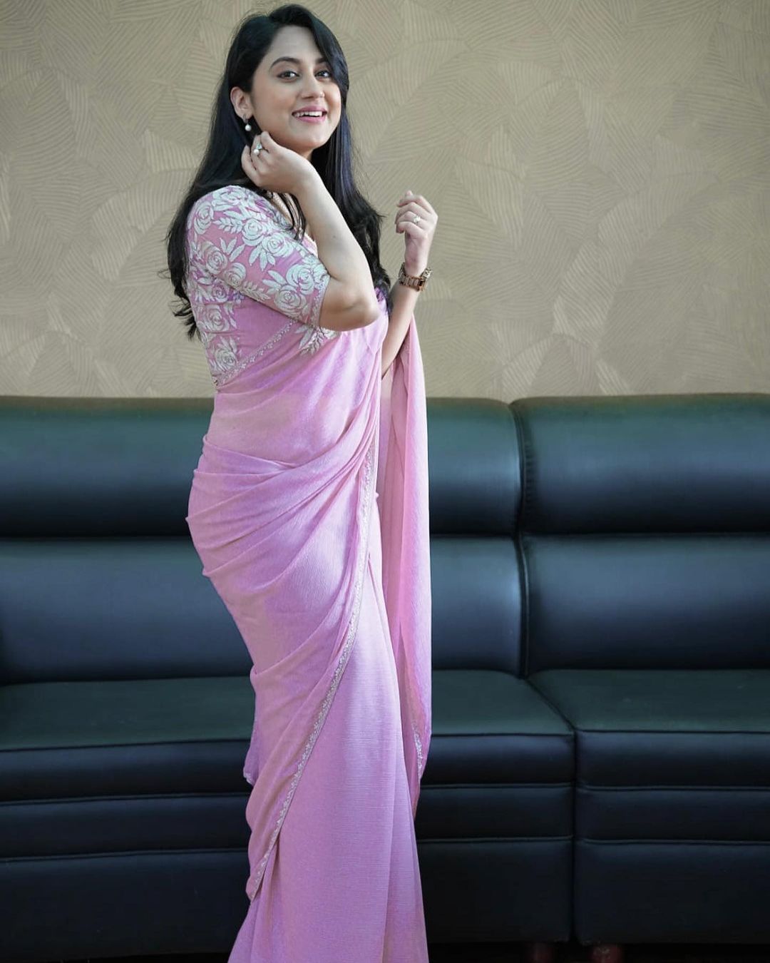 Malayalam Actress Miya George Stills in Violet Saree